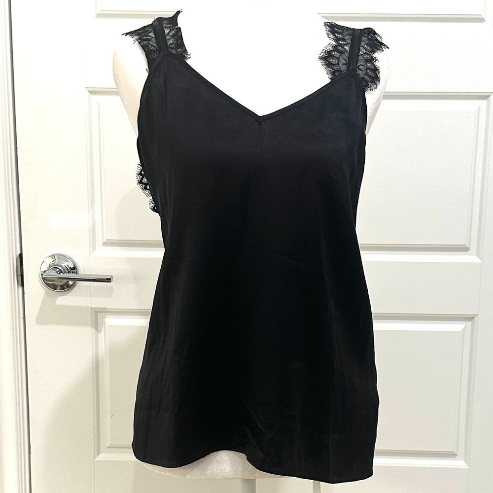 CAMI NYC BLACK SILK CAMISOLE WITH LACE TRIM MEDIUM